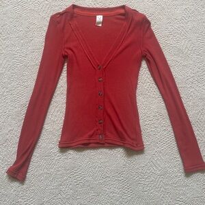 We The Free Red Fitted Long Sleeve V Neck Henley